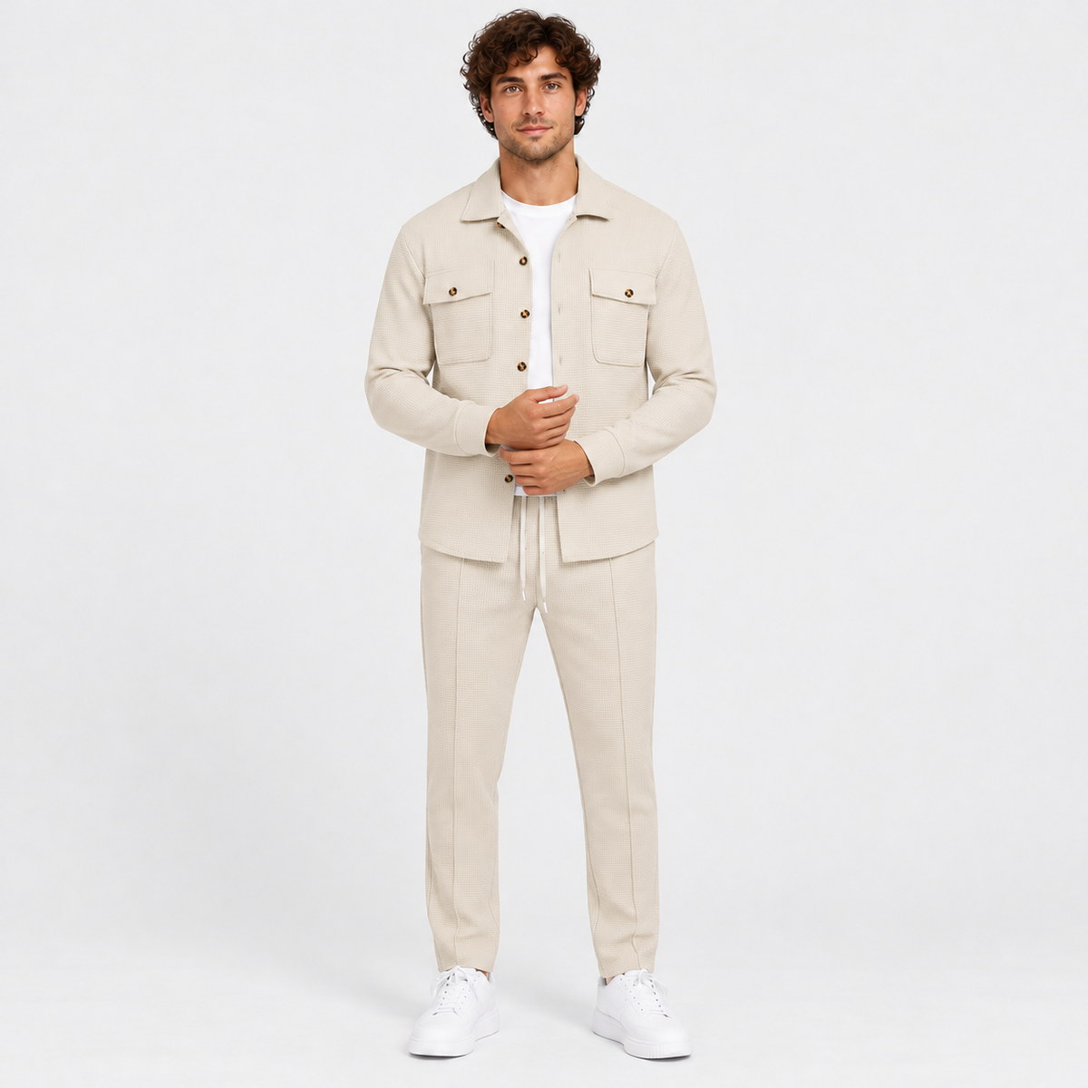 Montviro | Men's Waffle Knit Cardigan Set Button Shirt Pants Casual Outfit