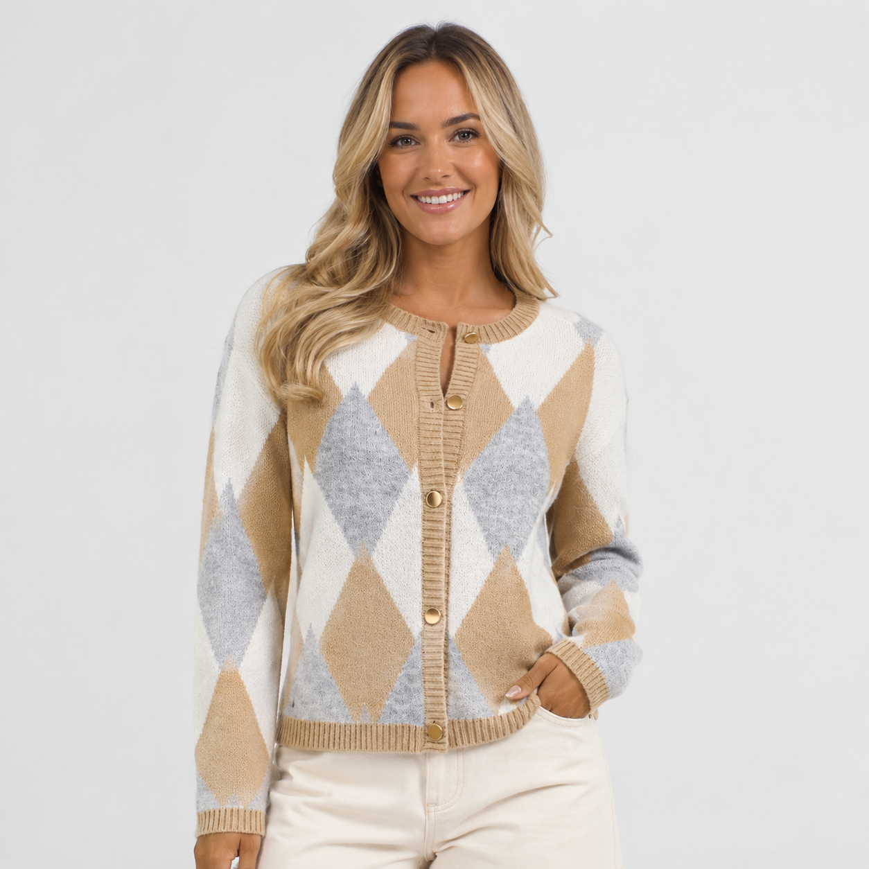Montviro | Women's Argyle Cardigan - Crew Neck Fall Winter Sweater