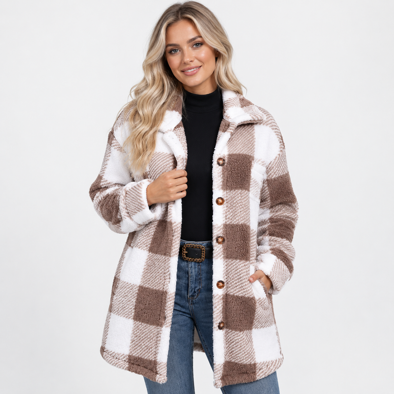 Montviro | Women's Plaid Teddy Coat - Long Button Fall Winter Style