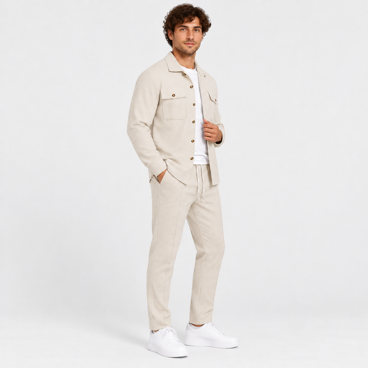 Montviro | Men's Waffle Knit Cardigan Set Button Shirt Pants Casual Outfit