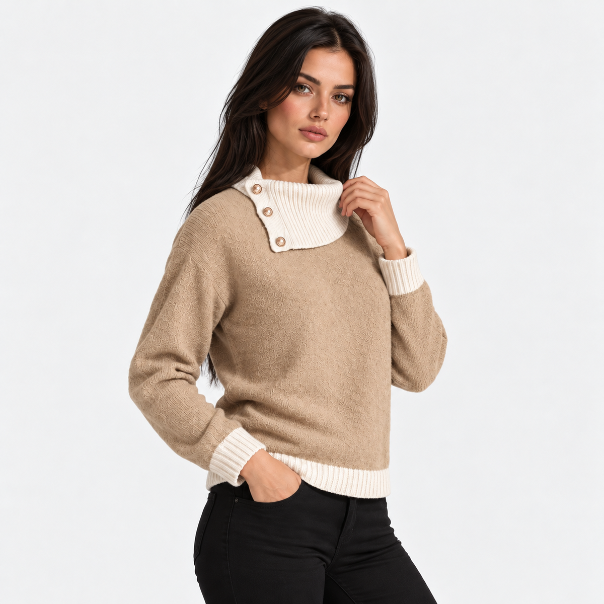 Montviro | Women's Asymmetric Neck Knit Sweater with Side Buttons