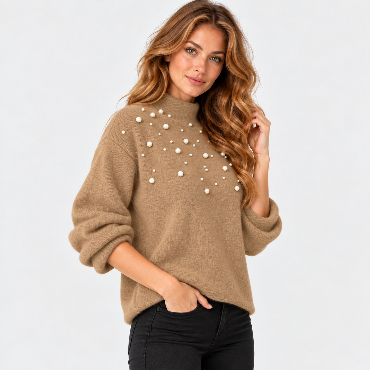 Montviro | Women's Pearl Beaded Pullover Sweater with High Neck