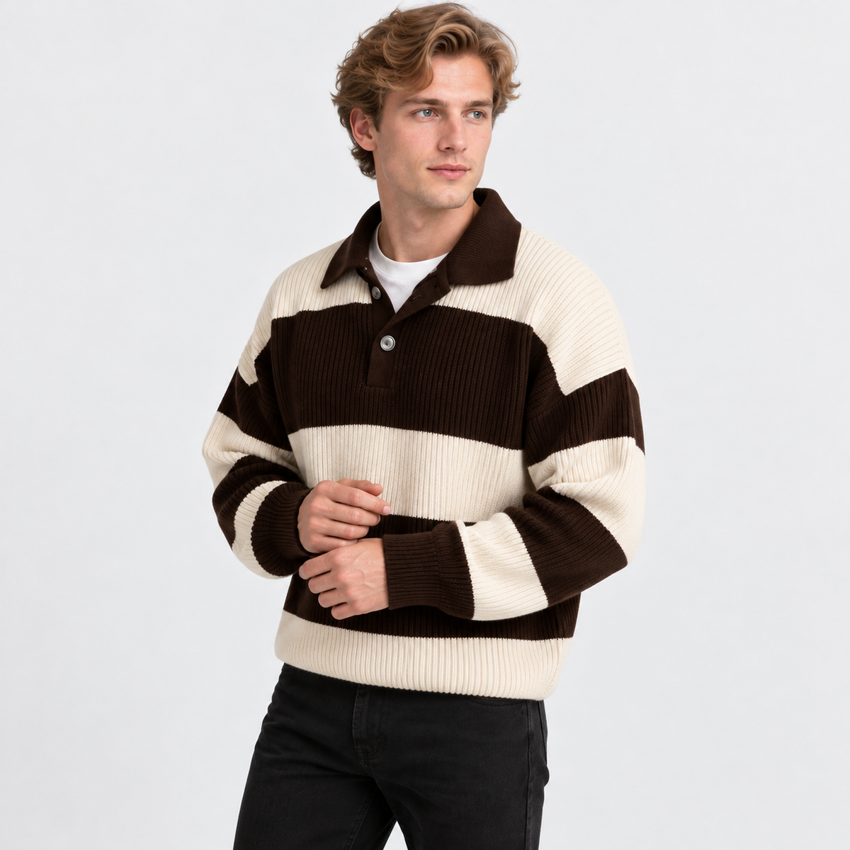 Montviro | Men's Striped Polo Sweater Knit Pullover Half Placket Top