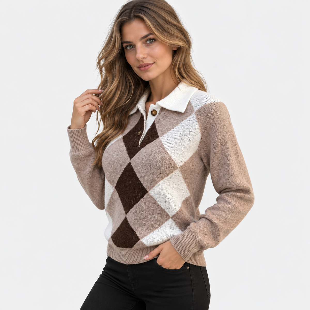 Montviro | Women's Color Block Pullover Sweater with Argyle Pattern