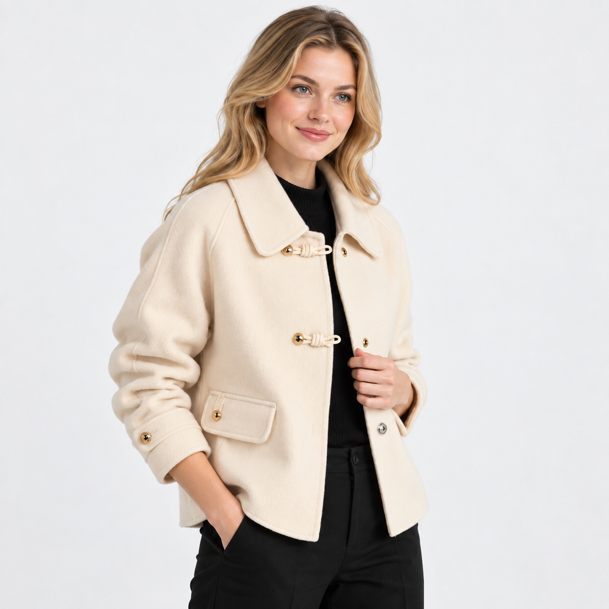 Montviro | Women's Tweed Pea Coat - Peter Pan Collar Pearl Buttons