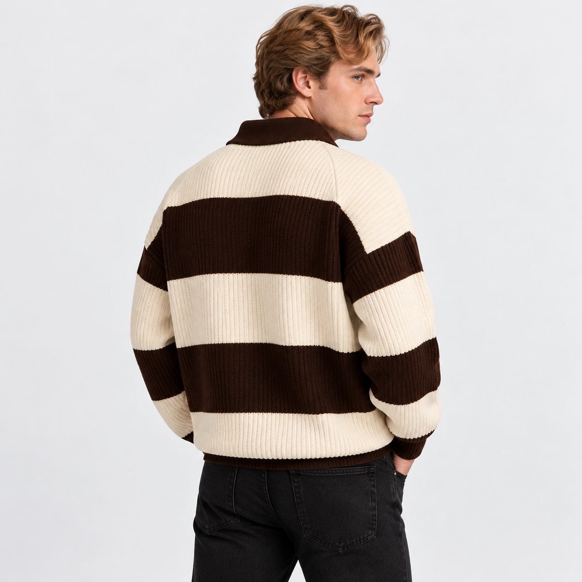 Montviro | Men's Striped Polo Sweater Knit Pullover Half Placket Top