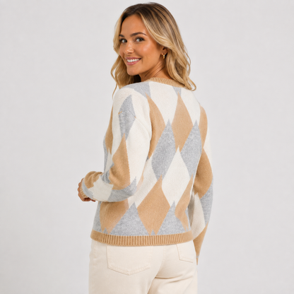 Montviro | Women's Argyle Cardigan - Crew Neck Fall Winter Sweater