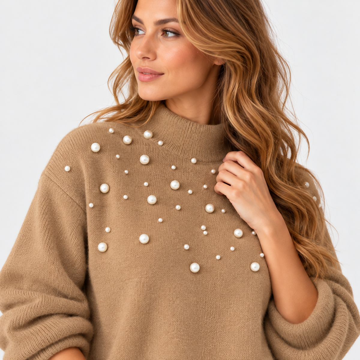 Montviro | Women's Pearl Beaded Pullover Sweater with High Neck
