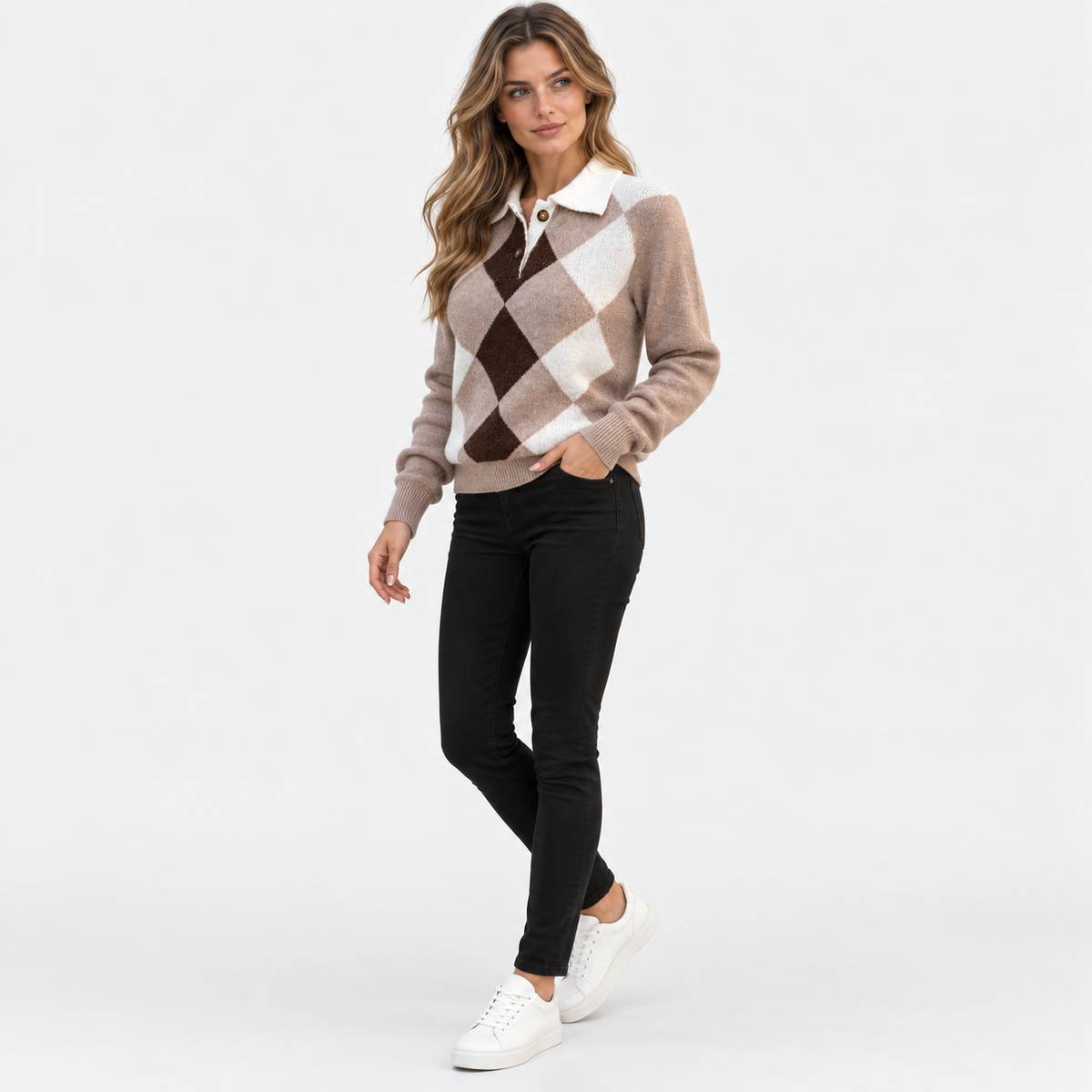 Montviro | Women's Color Block Pullover Sweater with Argyle Pattern