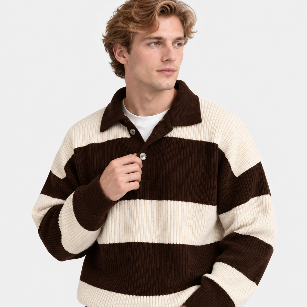 Montviro | Men's Striped Polo Sweater Knit Pullover Half Placket Top
