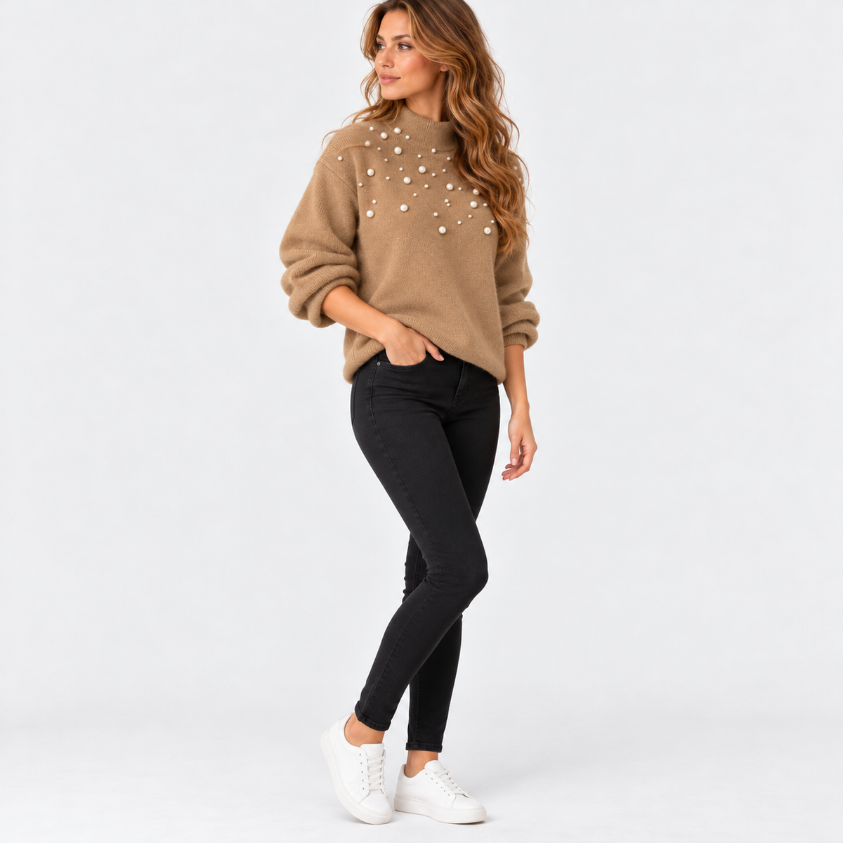 Montviro | Women's Pearl Beaded Pullover Sweater with High Neck