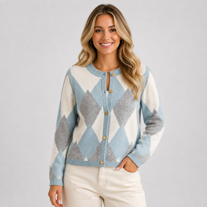 Montviro | Women's Argyle Cardigan - Crew Neck Fall Winter Sweater