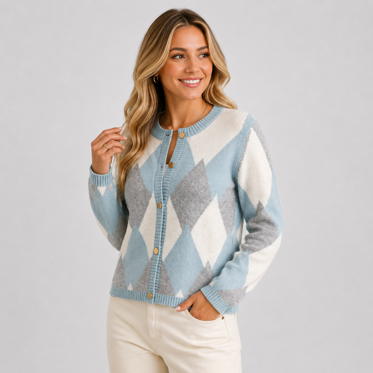 Montviro | Women's Argyle Cardigan - Crew Neck Fall Winter Sweater