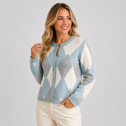 Montviro | Women's Argyle Cardigan - Crew Neck Fall Winter Sweater