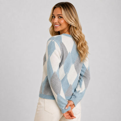 Montviro | Women's Argyle Cardigan - Crew Neck Fall Winter Sweater
