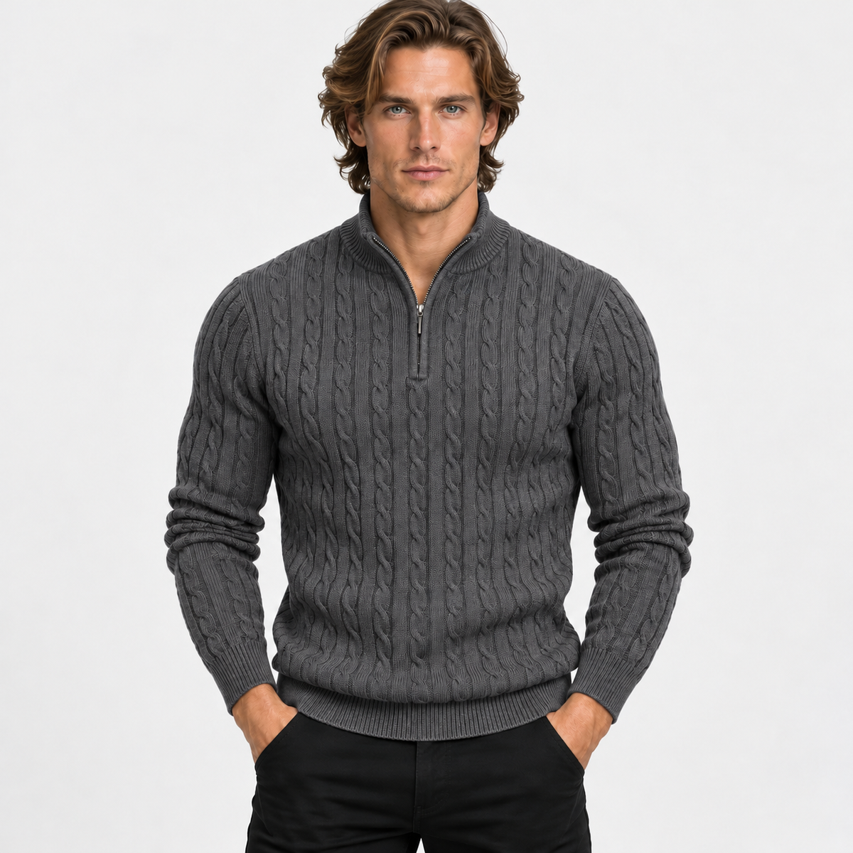 Montviro | Men’s Cable Knit Sweater Quarter Zip Stand Collar Pullover