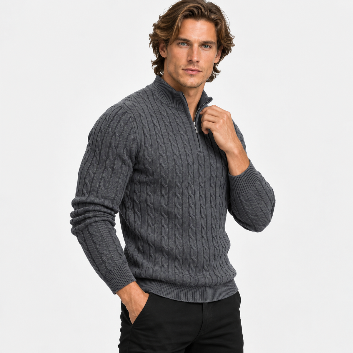Montviro | Men’s Cable Knit Sweater Quarter Zip Stand Collar Pullover