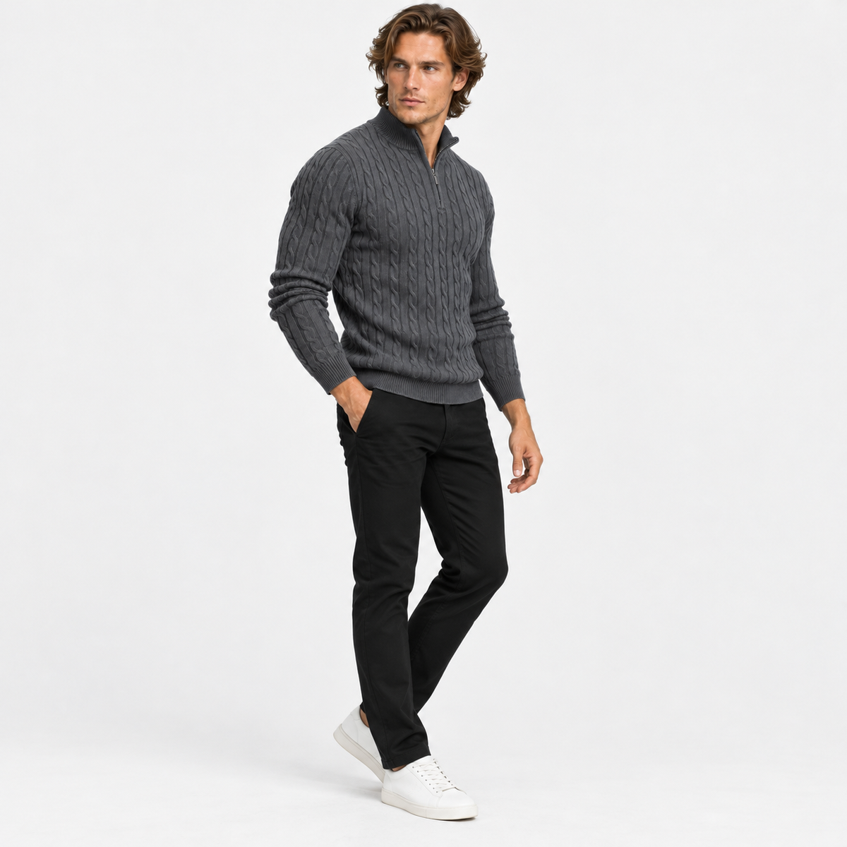 Montviro | Men’s Cable Knit Sweater Quarter Zip Stand Collar Pullover