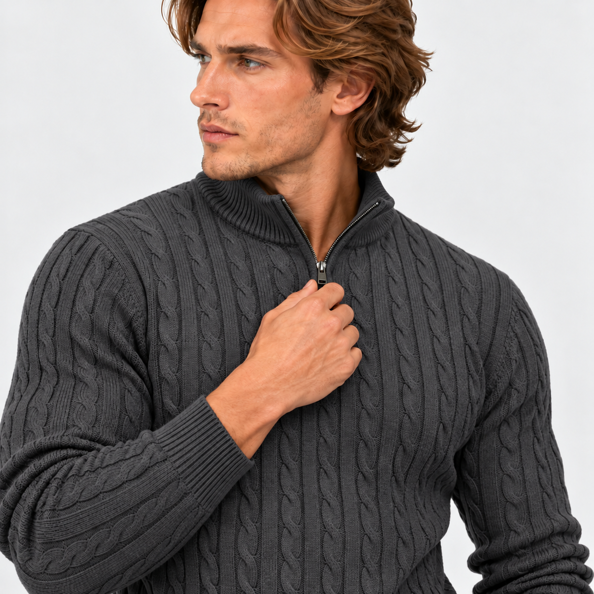 Montviro | Men’s Cable Knit Sweater Quarter Zip Stand Collar Pullover