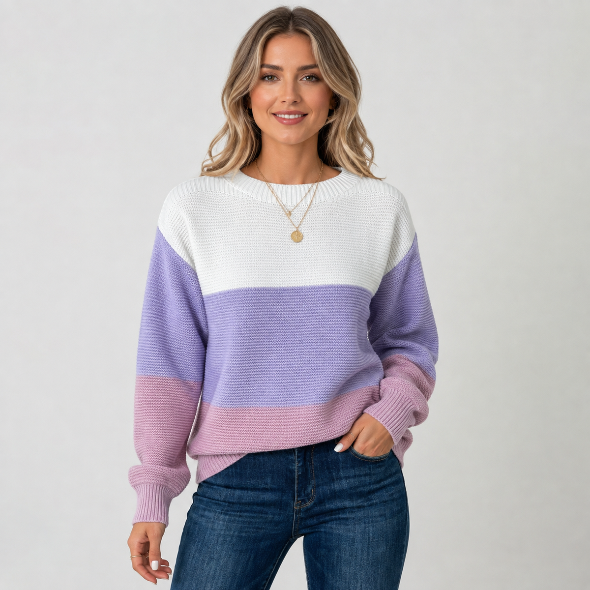 Montviro | Women's Off-Shoulder Sweater - Color Block Knit Pullover