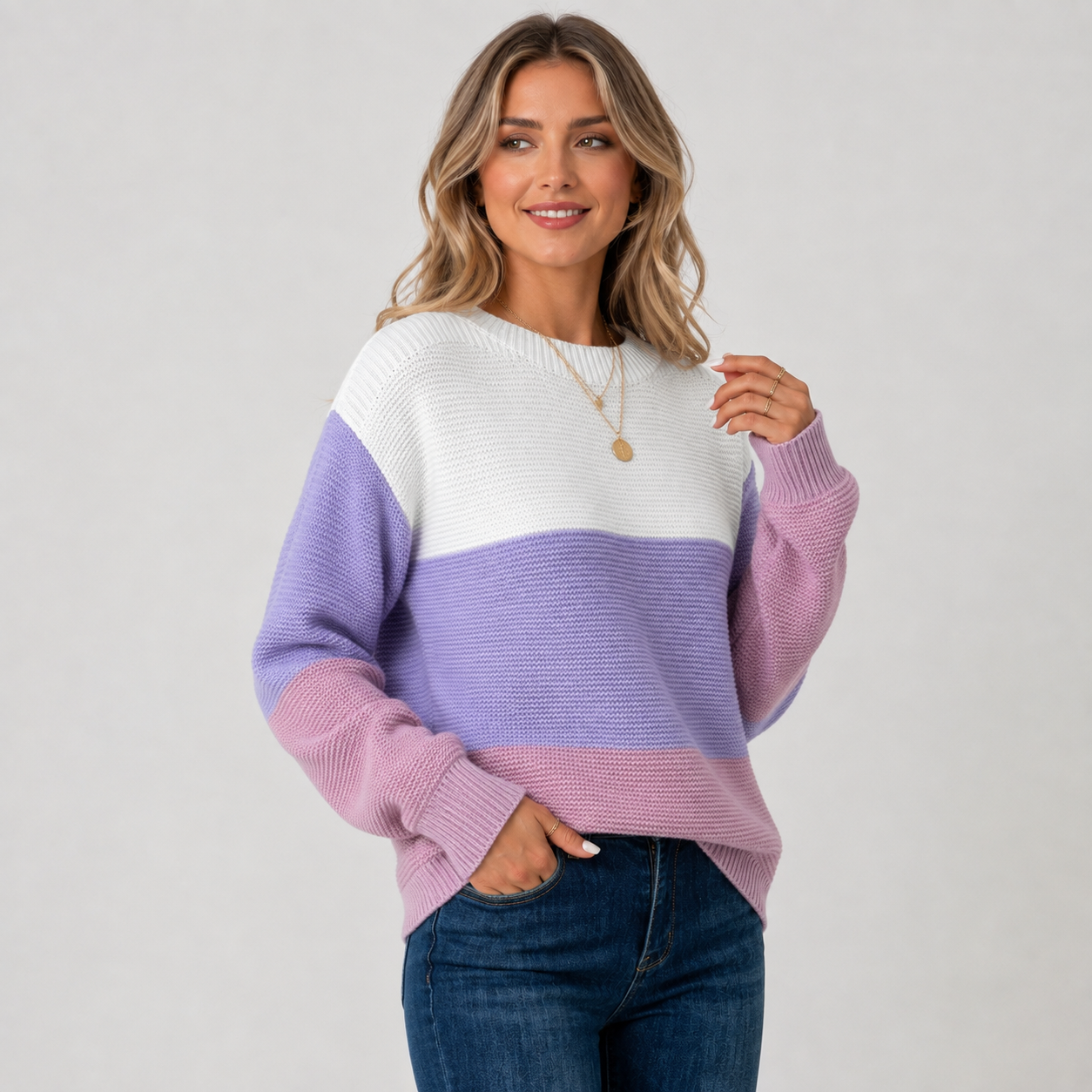 Montviro | Women's Off-Shoulder Sweater - Color Block Knit Pullover