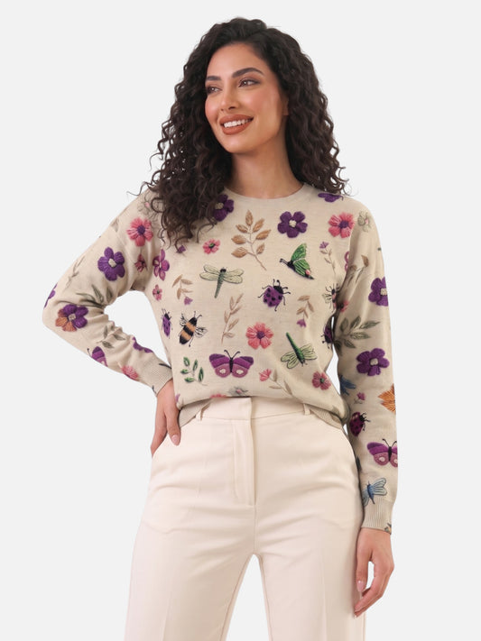 Montviro | Women’s Floral Embroidered Crew Neck Sweater