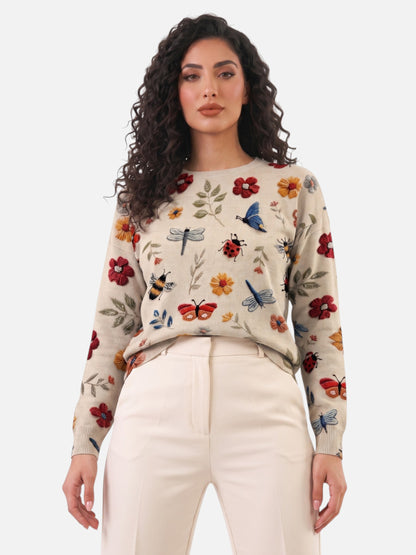 Montviro | Women’s Floral Embroidered Crew Neck Sweater