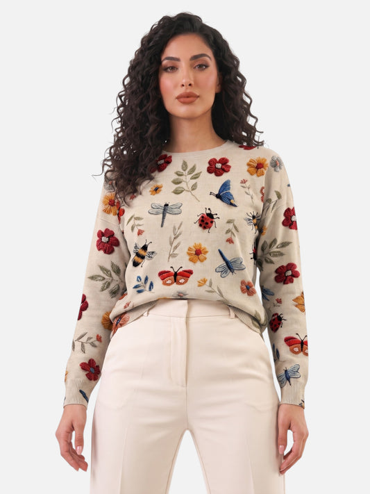 Montviro | Women’s Floral Embroidered Crew Neck Sweater