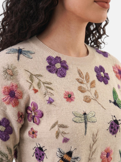 Montviro | Women’s Floral Embroidered Crew Neck Sweater