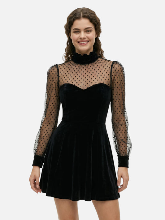 Montviro | Women’s Midi Dress – Velvet Look & Sheer Detail