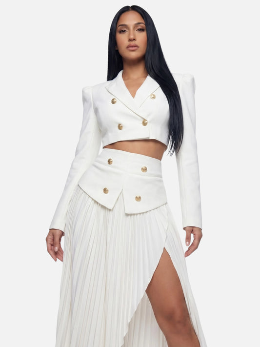 Montviro | Women’s White Cropped Blazer & Pleated Maxi Skirt Set