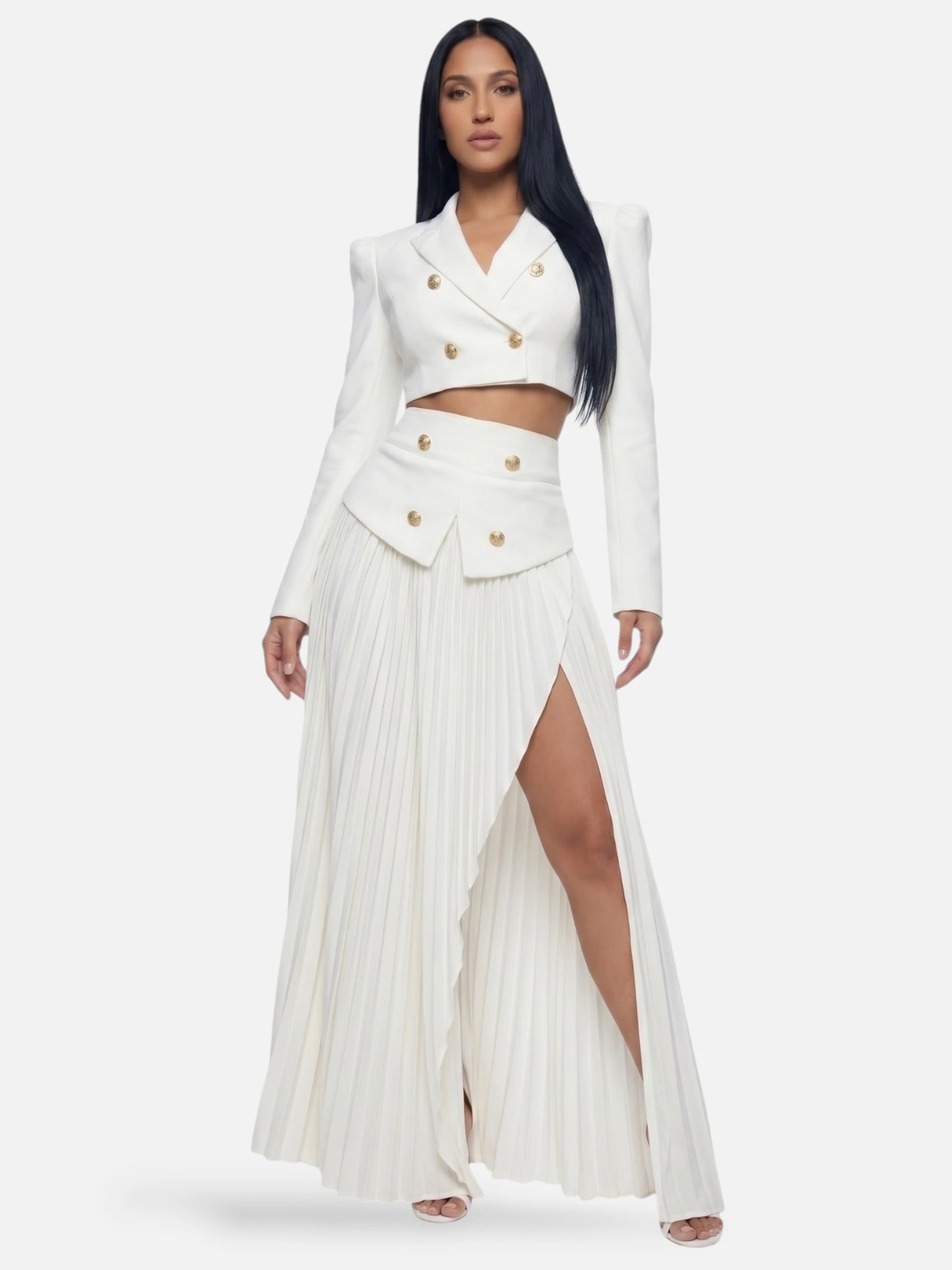 Montviro | Women’s White Cropped Blazer & Pleated Maxi Skirt Set