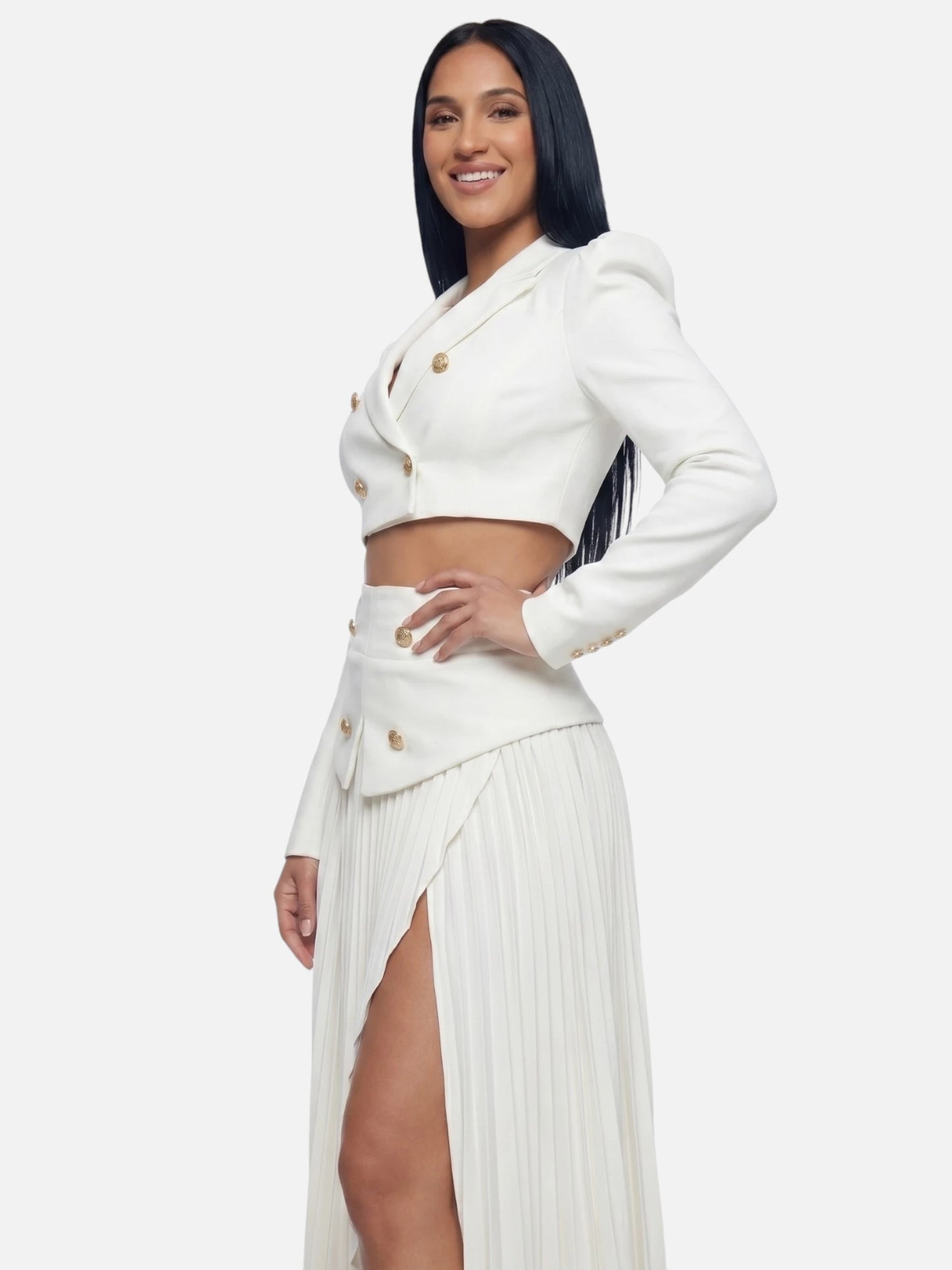 Montviro | Women’s White Cropped Blazer & Pleated Maxi Skirt Set