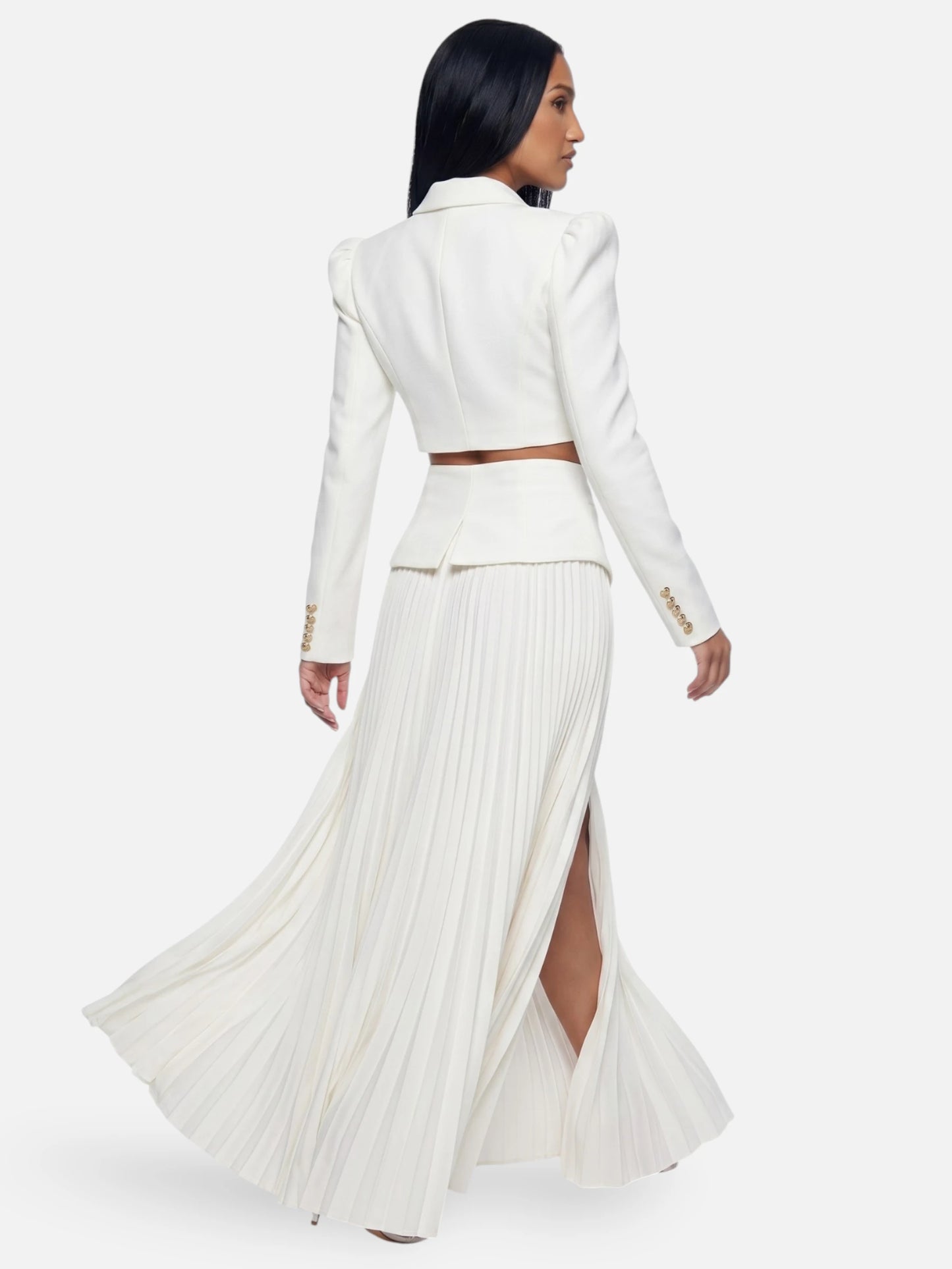 Montviro | Women’s White Cropped Blazer & Pleated Maxi Skirt Set