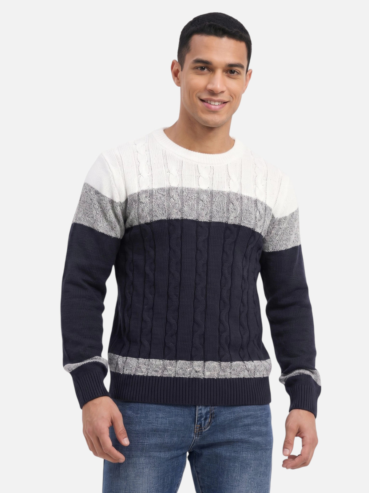 Montviro | Men's Cable Knit Colour-Block Crew Neck Jumper