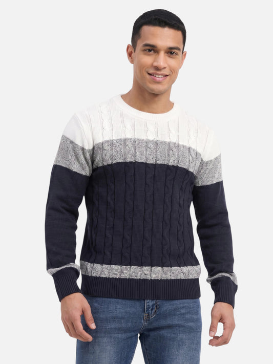 Montviro | Men's Cable Knit Colour-Block Crew Neck Jumper