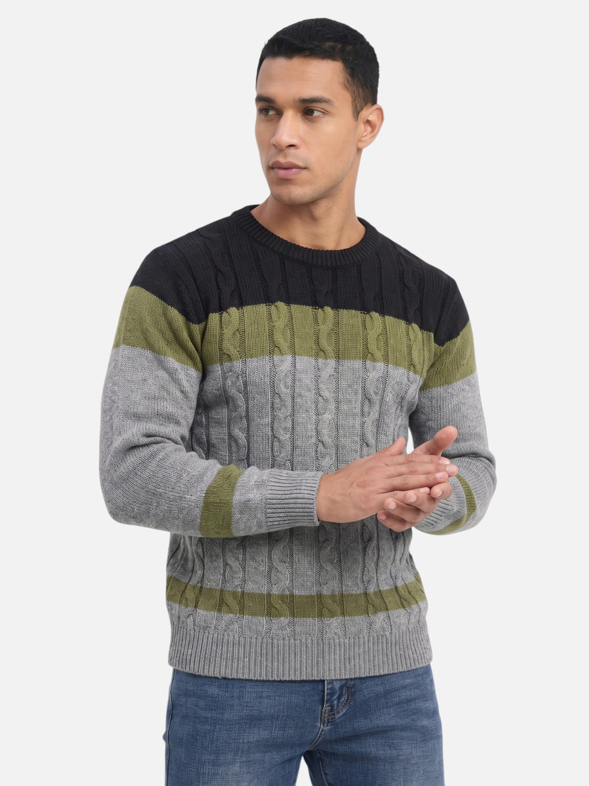 Montviro | Men's Cable Knit Colour-Block Crew Neck Jumper