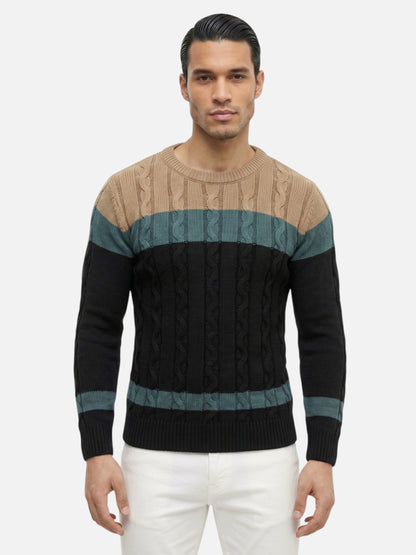 Montviro | Men's Cable Knit Colour-Block Crew Neck Jumper