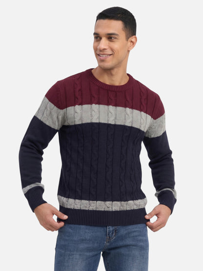 Montviro | Men's Cable Knit Colour-Block Crew Neck Jumper