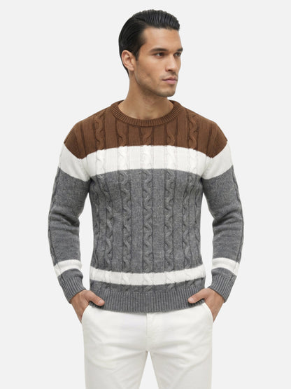 Montviro | Men's Cable Knit Colour-Block Crew Neck Jumper
