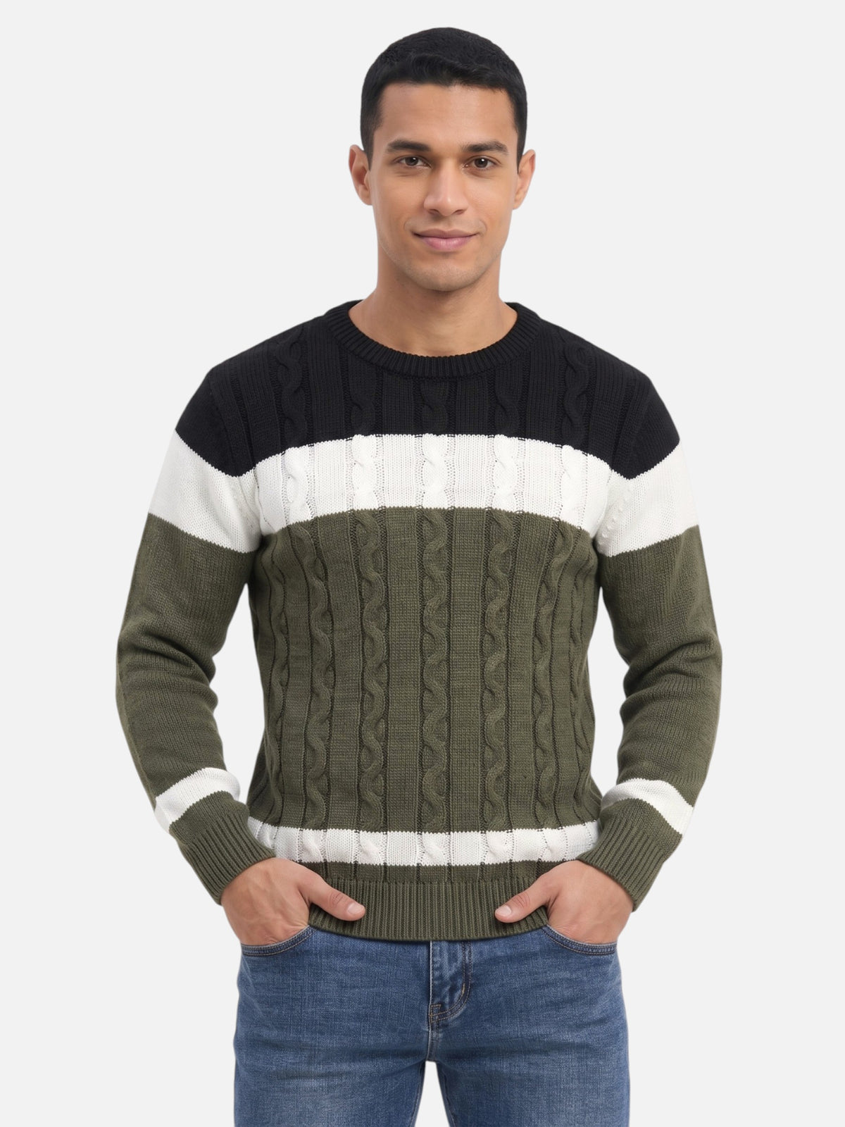 Montviro | Men's Cable Knit Colour-Block Crew Neck Jumper