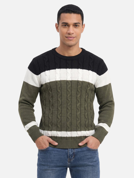 Montviro | Men's Cable Knit Colour-Block Crew Neck Jumper
