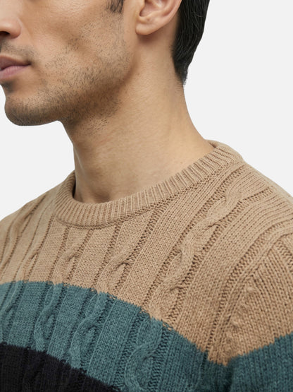 Montviro | Men's Cable Knit Colour-Block Crew Neck Jumper
