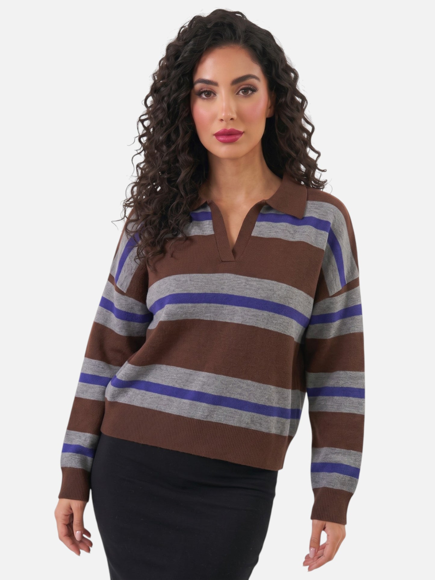 Montviro | Women’s Polo Neck Striped Sweater – Casual Chic Style
