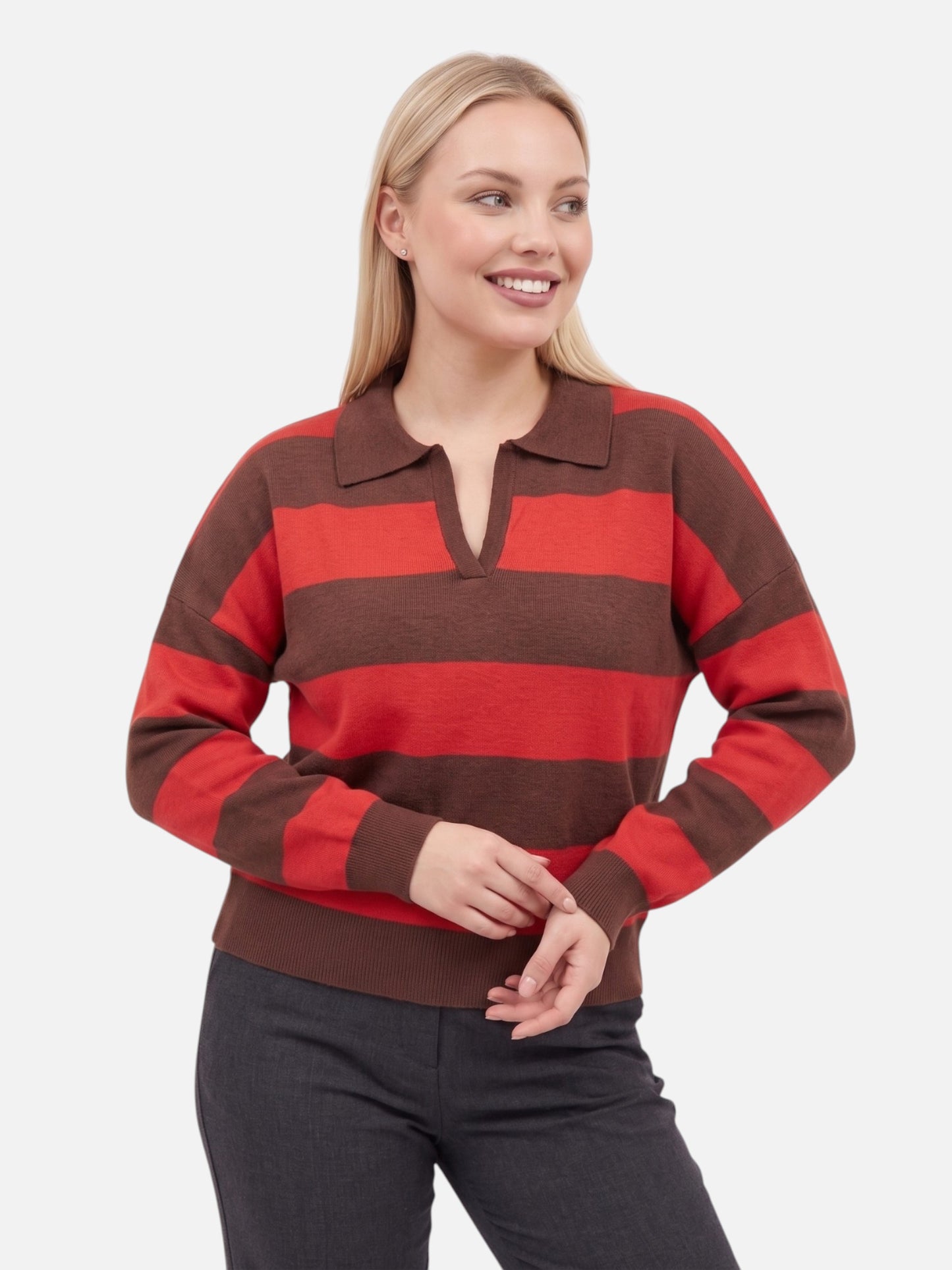 Montviro | Women’s Polo Neck Striped Sweater – Casual Chic Style