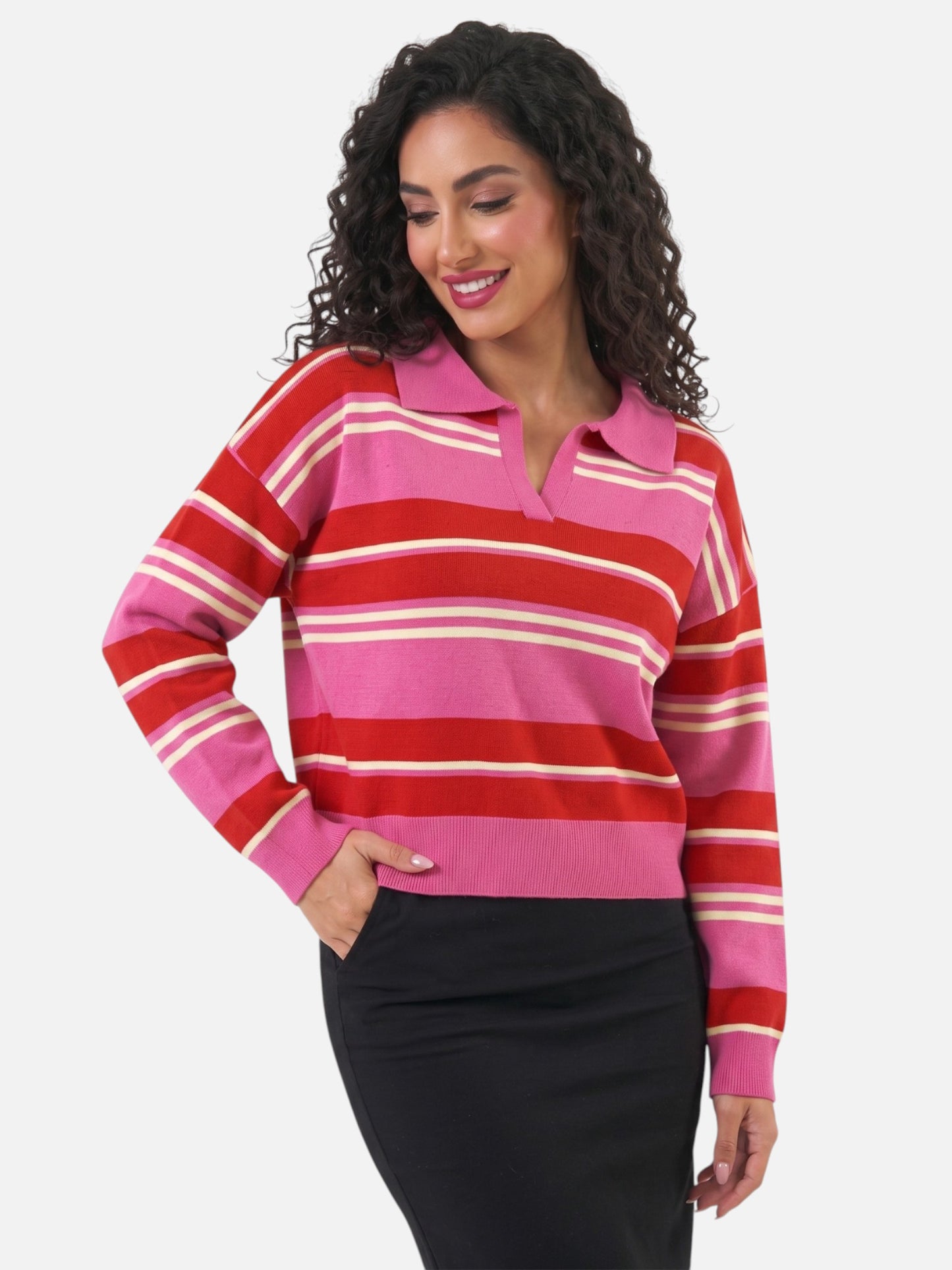 Montviro | Women’s Polo Neck Striped Sweater – Casual Chic Style