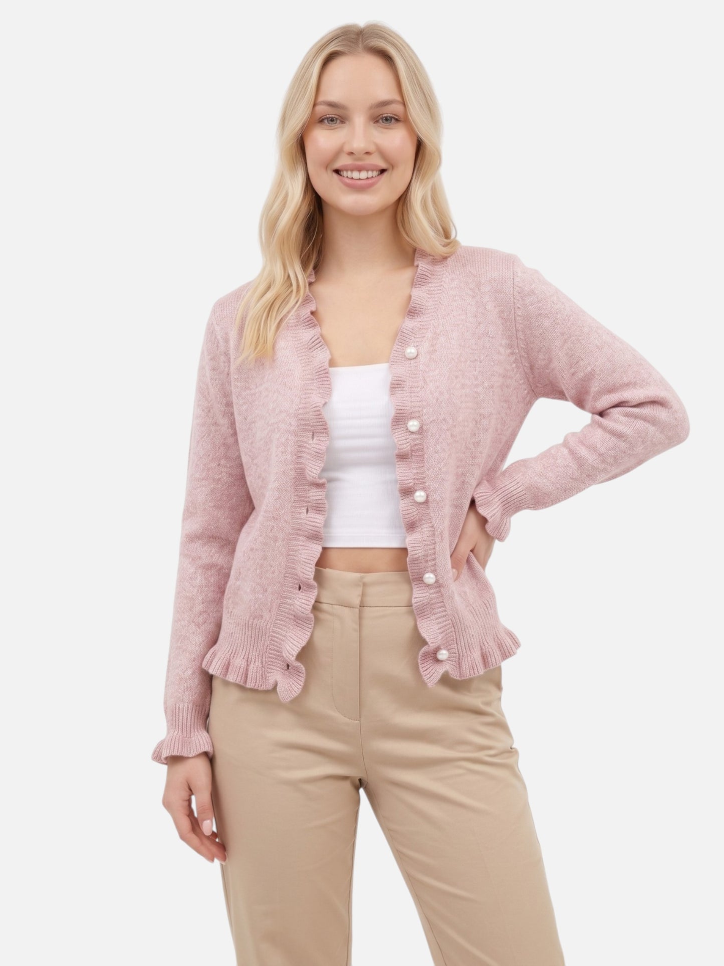 Montviro | Women’s Pearl Button Frill Knit Cardigan