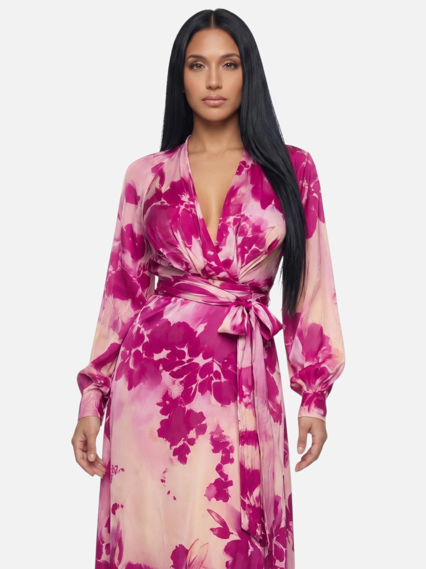 Montviro | Women’s Floral V-Neck Maxi Dress – Rose-Red Elegance