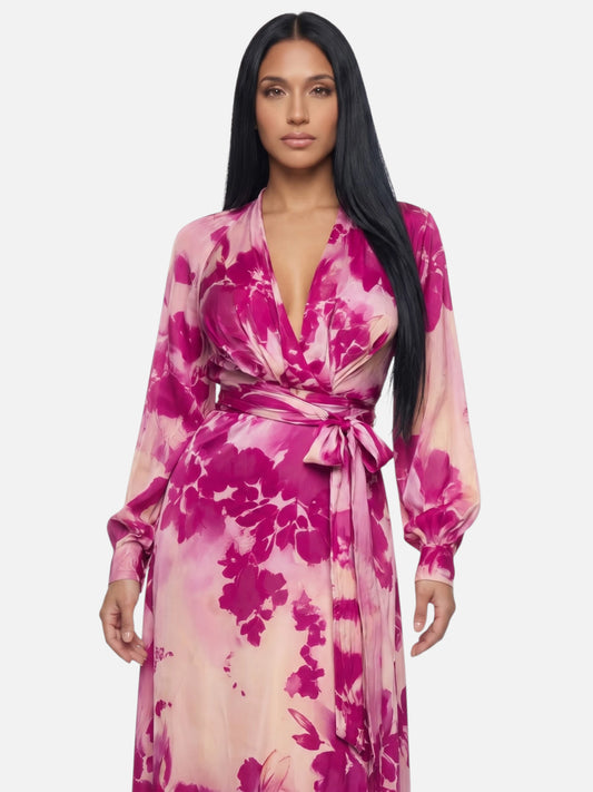 Montviro | Women’s Floral V-Neck Maxi Dress – Rose-Red Elegance