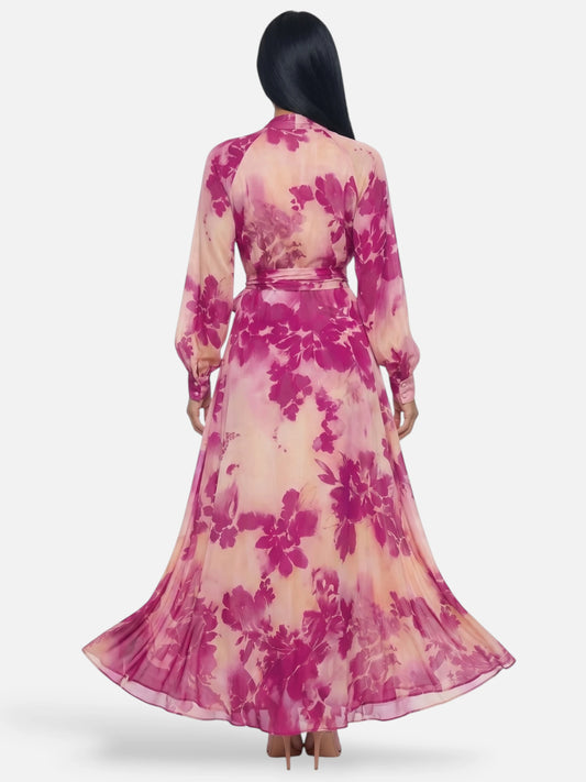 Montviro | Women’s Floral V-Neck Maxi Dress – Rose-Red Elegance